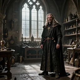 full body portrait of Dennis hopper as a devious medieval lord standing on the right inside a big medieval Shop with tall windowpane, shelves full of medieval goods, morning light, trending on artstation, style of peter mohrbacher, unreal engine, octane render, intricate details, 8k high definition, beauriful, ornate, hyperrealistic