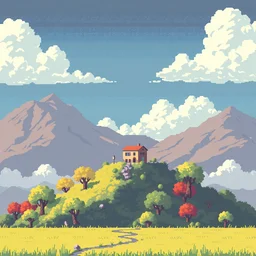 a serene landscape with a singular building in the style of pixel art