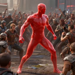 translucent realistic slim muscular male light armor suit tight clothes superhero in battle, red, fantasy digital art, vivid color style artstation, style greg rutkowski and frank frazetta and mucha and richard corben, octane render, unreal engine 6, epic game graphics, fantasy, conceptual art, ray tracing, fighting a large crowd