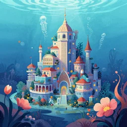 underwater city illustration in the style of 花