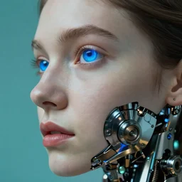 hyperrealistic profile rococo human face with neon blue eyes and mechanical mouth Stanley Artgermm very soft teal lighting wide angle 35mm shallow depth of field 8k