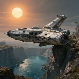 a crashlanded, abandoned, overgrown spaceship hanging partially over a cliff. beneath the cliff is an alien lake, in the sky are two suns, by kim jung gi