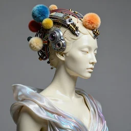 beautiful predator female with a smooth carved porcelain like skin fused with jason and the fly, portrait, ivory profile face, futuristic haute couture draped in silk, glowwave, iris van herpin, headdress with technical object and bullets and electrical wires, colorful puffballs, hyper detailed, ultra sharp, 8 k