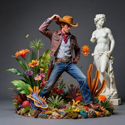 a cowboy turning into blooms. studio photography. volumetric lighting, beautiful, sharp focus, ultra detailed. bold vibrant complementary colors. a cowboy with plants by frank frazetta, kai carpenter, syd mead, slim aarons, zhang kechun, lynda benglis. tropical sea slugs. 4 k, 3 5 mm, fujifilm, sculpture by antonio canova.