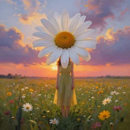 giant daisy flower as head, full body girl standing straight in a flower field, surreal photography, sunrise, dramatic light, impressionist painting, colorful clouds, digital painting, artstation, simon stalenhag