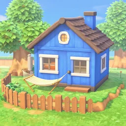 blue cottage exterior with a hammock and a fenced garden, sunny, cottagecore, rustic, cozy, solarpunk concept art, screenshot from animal crossing new horizons, trending on artstation