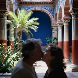 ( ( out of focus ) ), head to shoulders kiss, photography by saul leiter and ernst haas in a decorated pompeii peristylium, plants, bright pale green, airforce blue, red