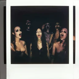 a dark room filled with distorted mannequins with screaming faces, creepy, eerie, nightmare fuel, old polaroid, expired film,