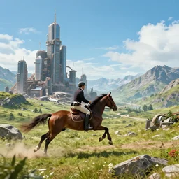 a film still from mortal engines by ian mcque, a horserider gallops away from a mobile city on a mountainous landscape, vibrant, 5 0 mm lens, film game character and environment design, behance hd, studio, dramatic lighting, dusty, cinematic, global illumination, trending on artstation, bloom