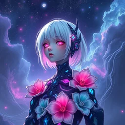 rei ayanami, broken android kannon mindar, deep space, seascape, cosmos, psychedelic flowers, black opal, rainbow aura quartz, organic, oni compound artwork, of character, render, artstation, portrait, wizard, beeple, art, fantasy, epcot, psychedelic glitchcore