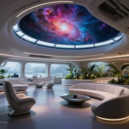 ultra modern concept design of a vast spaceship interior, futuristic chairs and sofas can be seen in the foreground, a large colorful nebula can be seen from a window, large plants in the background, in the style of Guardiands of the Galaxy and Blade Runner, wide angle shot, Leica Summicron-T 23 mm f/2