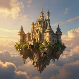 | type : 3 d render | style : fantasy, detailed, hyperrealism | subject : a crumbling castle floating in the sky | colors : gold and blue and green | scene : sky full of clouds during sunset | subject action : floating in the sky | subject description : old and beautiful decaying castle | lighting : golden sunset | emotion : warm, peaceful | params :