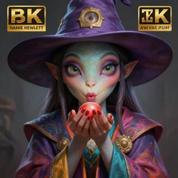 an anthropomorphic beautiful young alien scientist portrait blowing bonk wearing colourful robe, big eye, wizard hat, fine art, award winning, intricate, elegant, sharp focus, octane render, hyperrealistic, wizard hat cinematic lighting, highly detailed, digital painting, 8 k concept art, art by jamie hewlett and z. w. gu, masterpiece, trending on artstation, 8 k