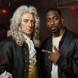 a realistic neoclassical portrait of sir isaac newton and tupac shakur, chillin at the club together, photorealistic oil on canvas, brilliant detail, exquisite