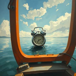 a digital alarm clock in a boat, surreal impressionist painting