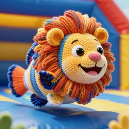 a closeup photorealistic photograph of a colorful smiling knitted barracuda lion playing in a bouncy castle. intricate stitching. professional capture. brightly lit scene. this 4 k hd image is trending on artstation, featured on behance, well - rendered, extra crisp, features intricate detail, epic composition and the style of unreal engine.