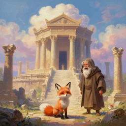 illusion painting hidden image : an adorable small fox in the huge ruins of king solomons temple. the dreamy clouds above are shaped like the new temple. a hooded bearded old man in a brown tunic laughing, colorful 8 k, art station, intricate superb details, digital art, illusion painting hidden image.