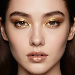 extreme close up portrait of stunningly beautiful girl, gold dust make up, high res photo, 8 k, by mario testino