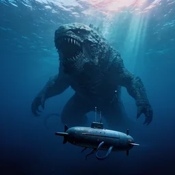 environment in the ocean, a huge monster of the deep emerges out of the darkness of the deep ocean waters to attack a small submarine, tentacles, Beksiński, Achenbach, horror, cinematic lighting, Technicolor, crepuscular rays