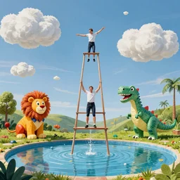 trapeze artists above painted pond, painting the sky, cushion clouds, the lion dressed as a clown, dinosaur roar