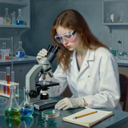 painting of a tall emo girl in a flooded laboratory, a microscope, a beaker of green liquid, a test tube of red liquid, a flask of blue liquid, a bunsen burner, a petri dish, a lab coat, safety goggles, latex gloves, notebook, pencil, zen, sensual, surrealist, by magritte and monet