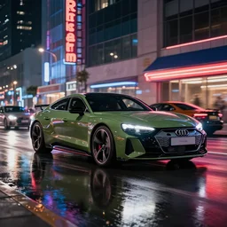 audi rs etron gt in olive green racing other supercars through a city at night, lit with neon signs which reflect in puddles, photorealistic