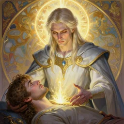 portrait of a calm and pious male aasimar paladin above head with medium length platinum blonde hair wearing white slate grey and gold vestments healing a wounded man with holy magic, pensive expression, highly detailed, cinematic lighting, illustration, painterly, art by Krenz Cushart and Artem Demura and alphonse mucha, intricate, masterpiece, fantasy, halo of light, d&d