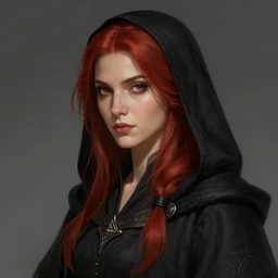 head and shoulder portrait of woman in black robe, by audia pahlevi, rpg, d & d, pathfinder, deviantart, artstation, red hair, detailed face and body, intricate, concept