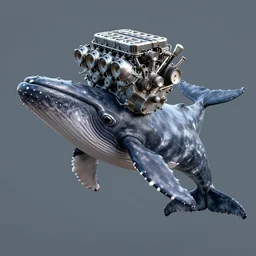 digital art of a smaller v 8 engine on the large rectangular head and narrow jaw of a massive cachalot whale, eight - cylinder piston diesel engine in the head, a smooth body and tail of a cachalot whale, very short fins, mix of engine and head, zoom out, in horizontal pose, side view, long shot, in the style of cyberpunk