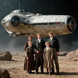 highly detailed, 435456k film, 1612800mm film still from a sci fi blockbuster color movie made in 2019, set in 1860, of a family standing in front of a spaceship that has just landed on an alien planet, the family are all wearing 1860s era clothes, good lighting, good photography, ultra high definition, in focus
