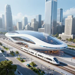 futuristic san francisco with white glass train station, futuristic trains, great buildings and office, hyperdetailed, artstation, cgsociety, 8 k