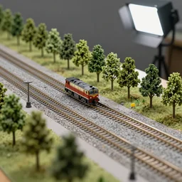 a detailed photo of a railway diorama, zoom, model trees, table, studio lighting