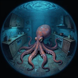dark tenebroso, fisheye spiral lines, naive, extra narrow, detailed illustration of a kitchen, large floor, octopus shaped by rhads from lorax movie, trending artstation, dark blue underwater