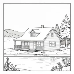 line art of a lakehouse in the winter, manga panel, high detail,