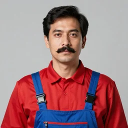 a portrait of a man with a mustache wearing a red shirt, blue overalls, and a red cap, crisp 8 k line art, digital painting, concept art, matte, sharp focus, illustration, art by todd schorr