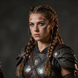 Detailed photo of a female barbarian warrior with warpaint and braids wearing armor, CANON Eos C300, 15mm, very detailed, beautiful atmospheric lighting, studio photography