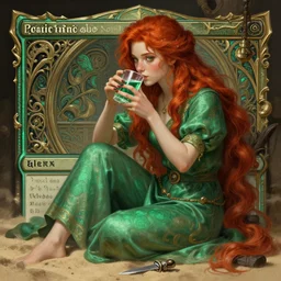 ginger girl with problems, sitting and drinking in an ancien tavern and playing with a knife, magic the gathering, ancient, sand, emerald, intricate, highly detailed, digital painting, artstation, concept art, smooth, sharp focus, illustration, Unreal Engine 5, 8K, art by artgerm and greg rutkowski and alphonse mucha