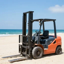 forklift on the beach, sunny day, vacation, photo, ultra realism