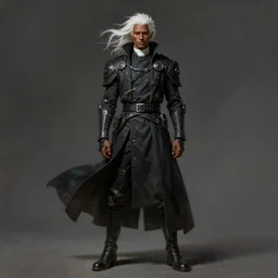 a brown skinned male demon hunter with mid white hair and a cyberpunk priest uniform, windy, stoic, modern, he is standing alone, maximalist fashion, cgsociety, hyperdetailed, dramatic, epic painting, painted by jean honore fragonard and greg rutkowski, full body, octane render, sharpness, 8 k, golden ratio