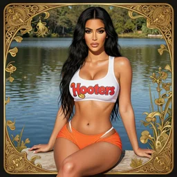candid photo of kim kardashian wearing a hooters outfit, sat by a lake, intricate, elegant, highly detailed, digital photo, artstation, concept art, smooth, sharp focus, illustration, art by artgerm and greg rutkowski and alphonse mucha
