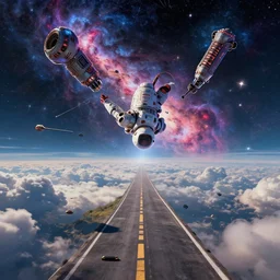 i'm in star mode, it's this flipped out mode, i broke the us bomb code, now i'm on the long road to journey throughout the cosmos, where only god knows, by greg rutkowski, michael kaluta and artstation, epic atmosphere, clouds, photorealism, complex color scheme, uhd
