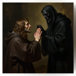 ominous oil matte painting, priest pleading to the grim reaper for forgiveness, dreadful masterpiece highly detailed, beautiful cinematic light deep focus, dark, digital painting, smooth, sharp focus, golden ratio, dramatic illumination, ultra realistic, 8 k, art by caravaggio and salvator rosa