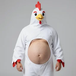man, cheap bird costume, hairy belly, cosplay, bird - person, mid - shot