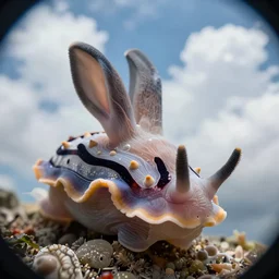 a very cute sea slug rabbit close up, by rhads, makoto shinkai and lois van baarle, johannes voss, low angle fisheye view, sky whith plump white clouds, elegant, highly detailed, artstation, 8 k, unreal engine, hdr, concept art, volumetric lighting matte