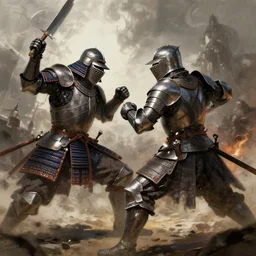 samurai and knight battle, epic illustration, detailled, dramatic lighting