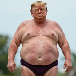 a portrait photograph of an extremely obese donald trump wearing a skimpy bikini, his body is covered in boils, gargantuan warts and skintags. perfect focus and detail, in style of david bailey for playgirl.