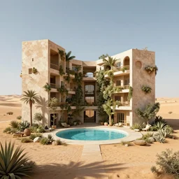 architectural rendering of brutalism habitat 6 7 in the desert, biophilia mood, pool, garden