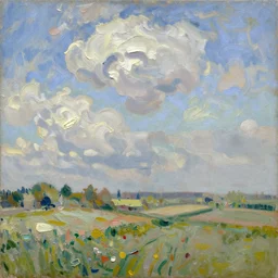 oil paint impasto reliefs summer sussex fields, atmospheric, painted with expressive paint and cumulus clouds, some splattered paint, in the style of signac and frank auerbach