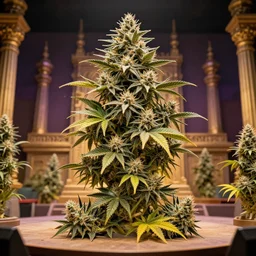 big amazing marihuana flower in the center of temple's stage, 4 k, amazing composition