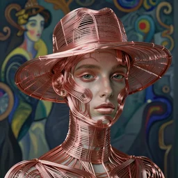 a beautiful Futuristic portrait with hat made by rose gold wires twisted around her face ,inspired by egon schiele ,design by balenciaga,modern art,baroque art, new classic,hyper realistic,cinematic composition,cinematic lighting,fashion design, concept art, hdri, 4k -